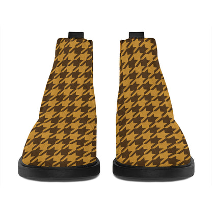 Brown Houndstooth Pattern Print Flat Ankle Boots