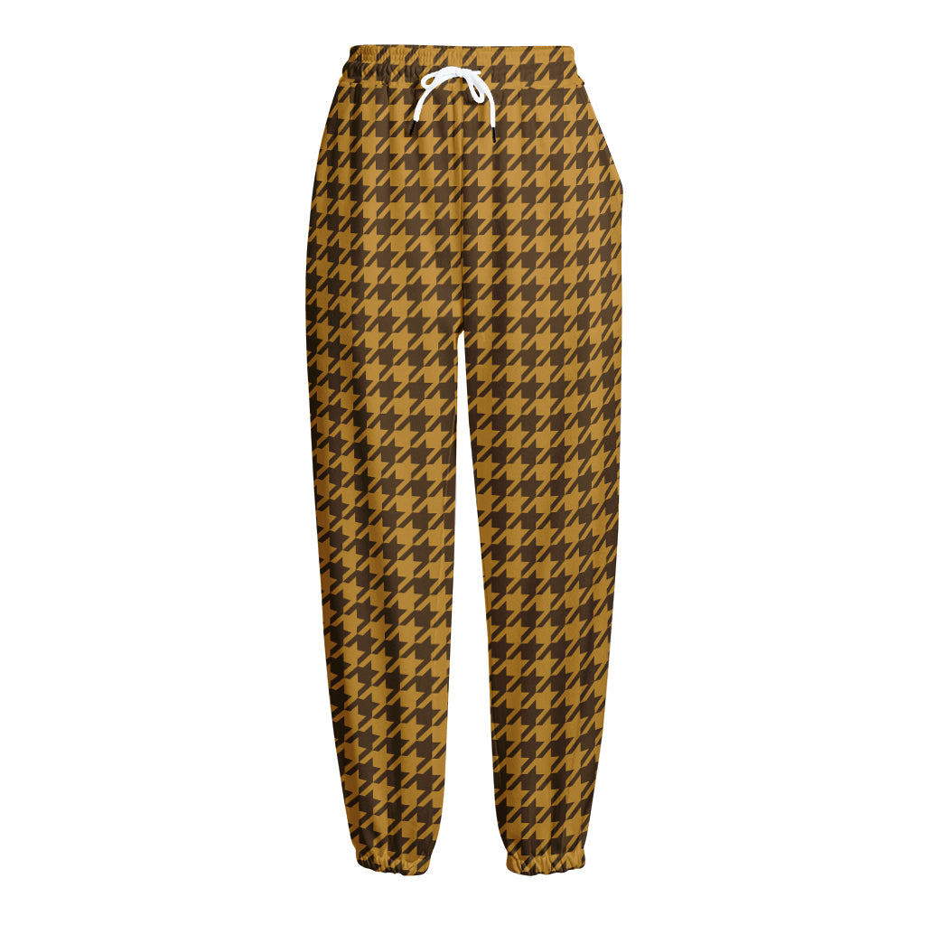 Brown Houndstooth Pattern Print Fleece Lined Knit Pants