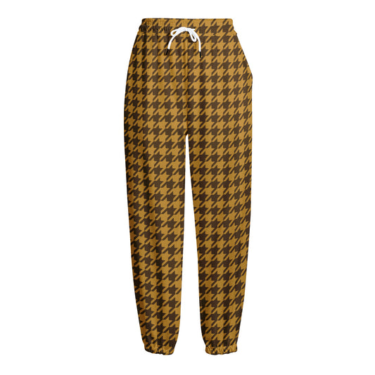 Brown Houndstooth Pattern Print Fleece Lined Knit Pants