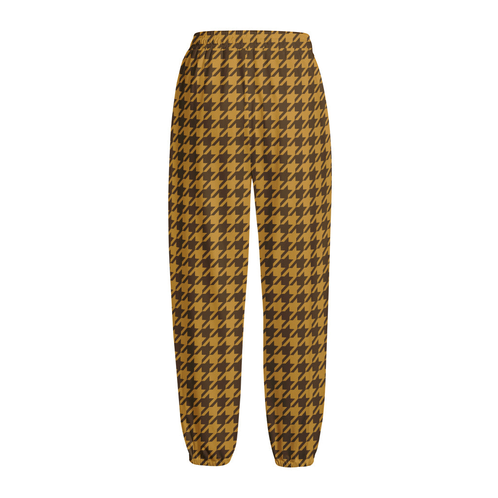 Brown Houndstooth Pattern Print Fleece Lined Knit Pants