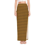 Brown Houndstooth Pattern Print High Slit Maxi Skirt