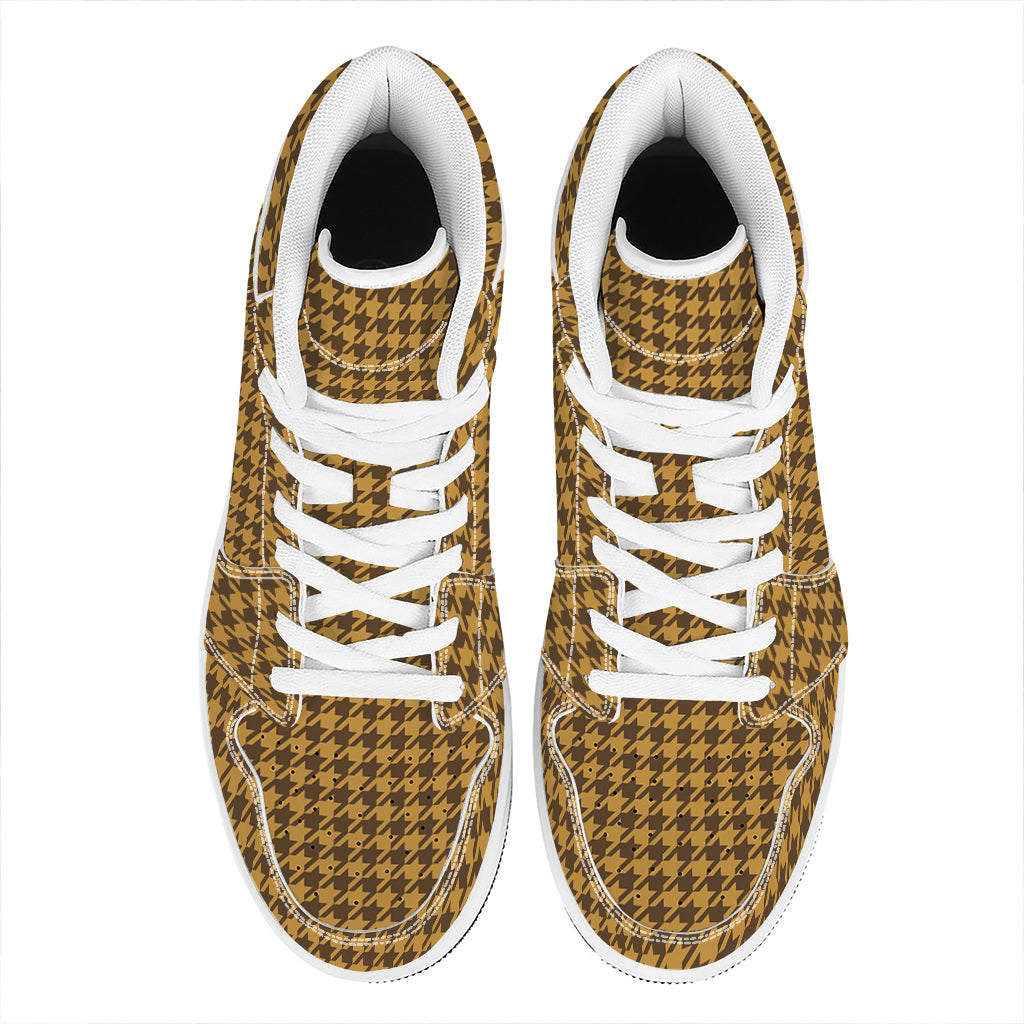 Brown Houndstooth Pattern Print High Top Leather Sneakers