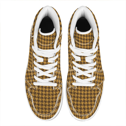 Brown Houndstooth Pattern Print High Top Leather Sneakers