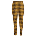 Brown Houndstooth Pattern Print High-Waisted Pocket Leggings