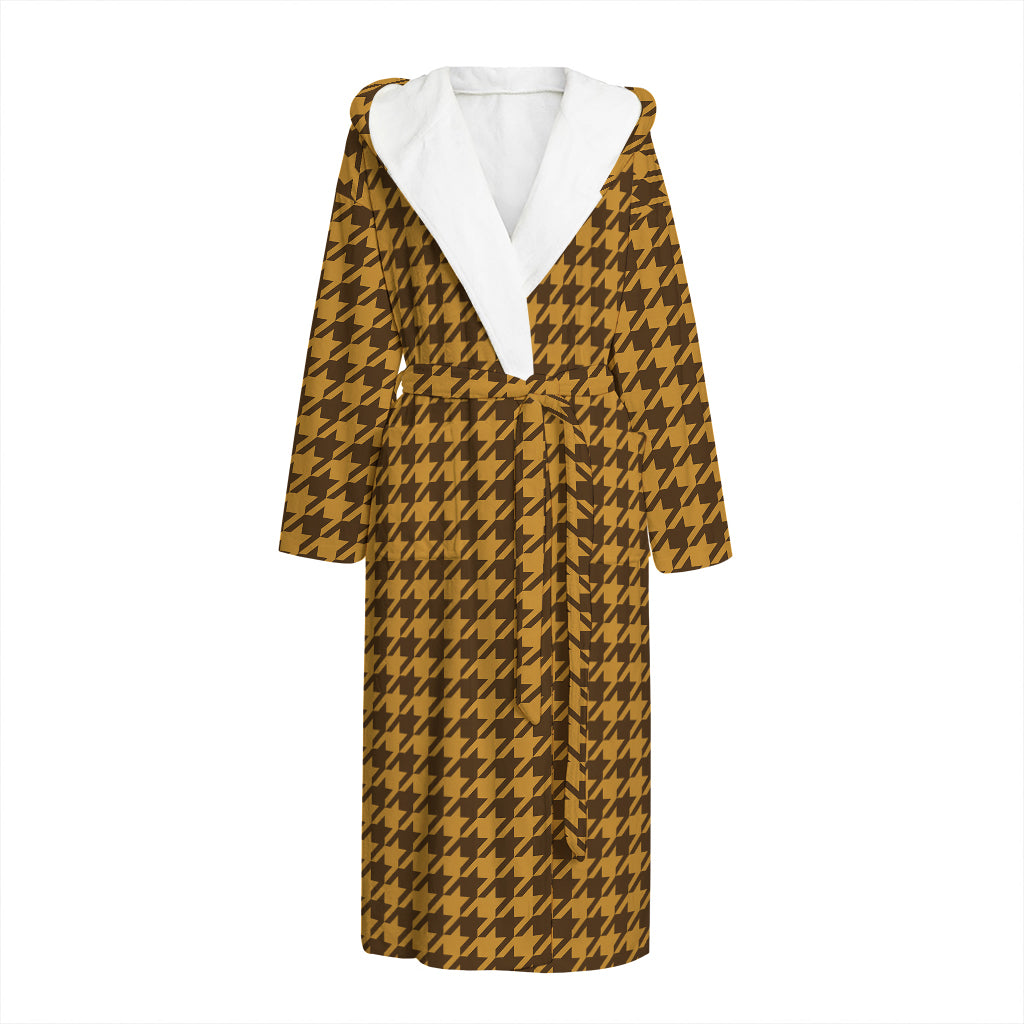 Brown Houndstooth Pattern Print Hooded Bathrobe