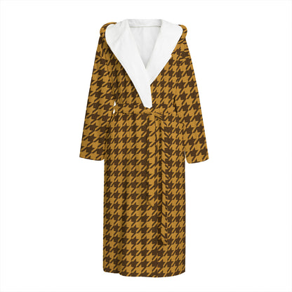 Brown Houndstooth Pattern Print Hooded Bathrobe