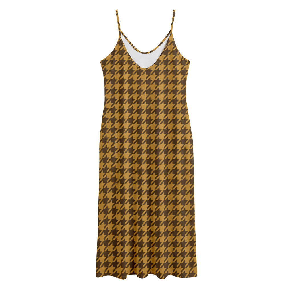 Brown Houndstooth Pattern Print Jersey Midi Cami Dress