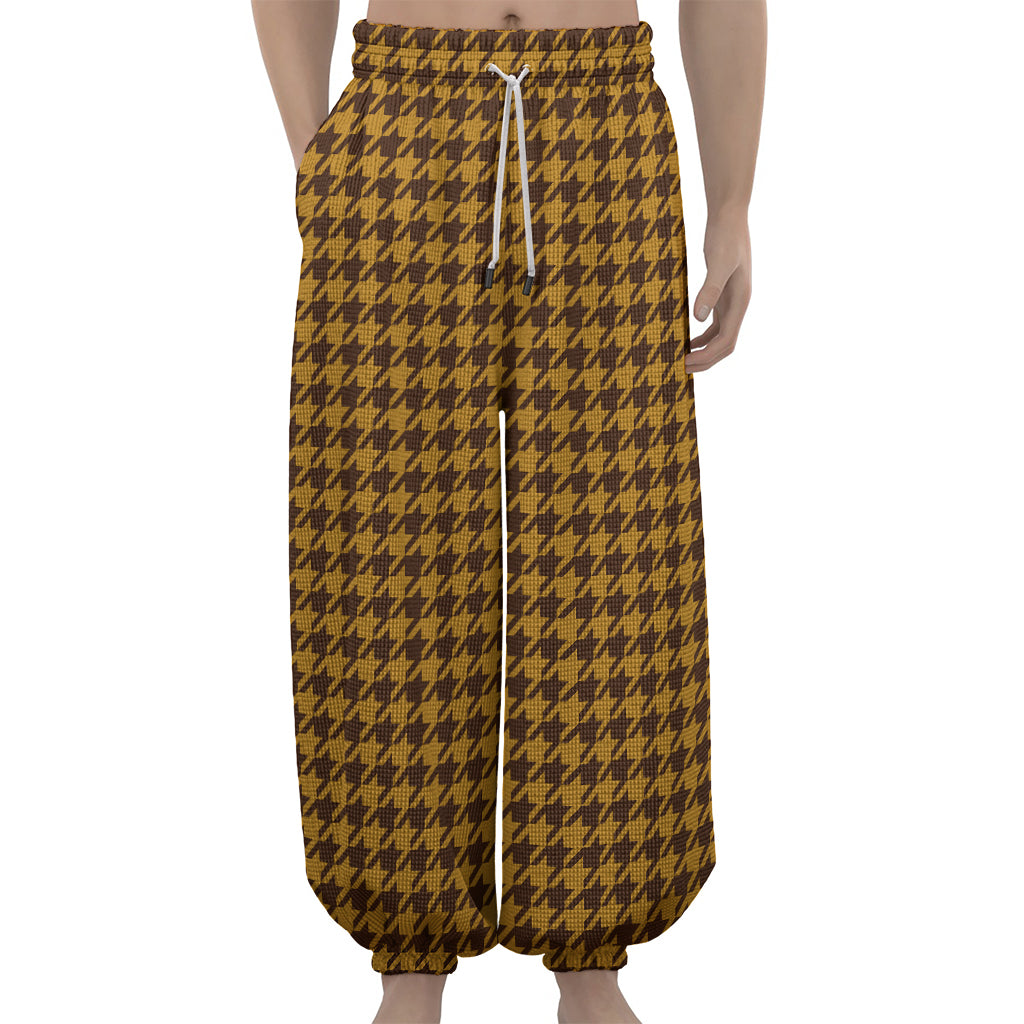 Brown Houndstooth Pattern Print Lantern Pants