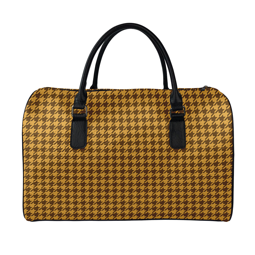 Brown Houndstooth Pattern Print Leather Duffle Bag