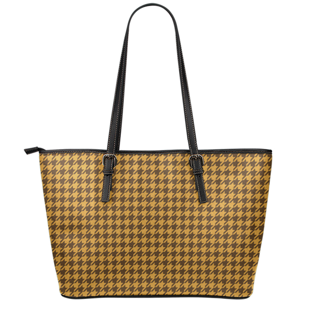 Brown Houndstooth Pattern Print Leather Tote Bag