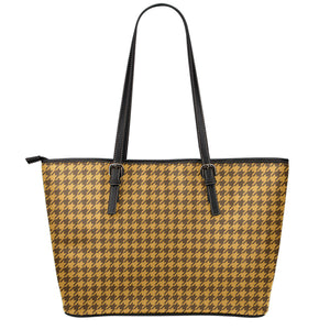 Brown Houndstooth Pattern Print Leather Tote Bag