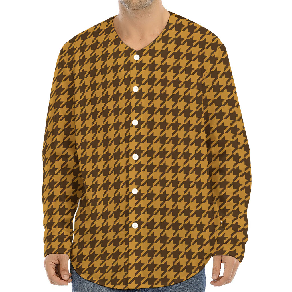 Brown Houndstooth Pattern Print Long Sleeve Baseball Jersey