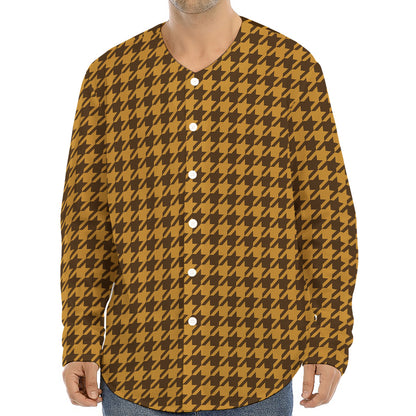 Brown Houndstooth Pattern Print Long Sleeve Baseball Jersey