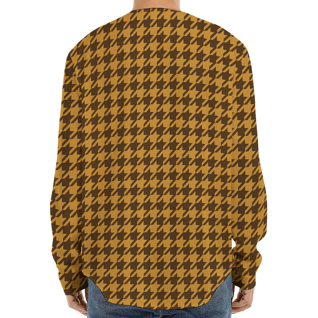 Brown Houndstooth Pattern Print Long Sleeve Baseball Jersey