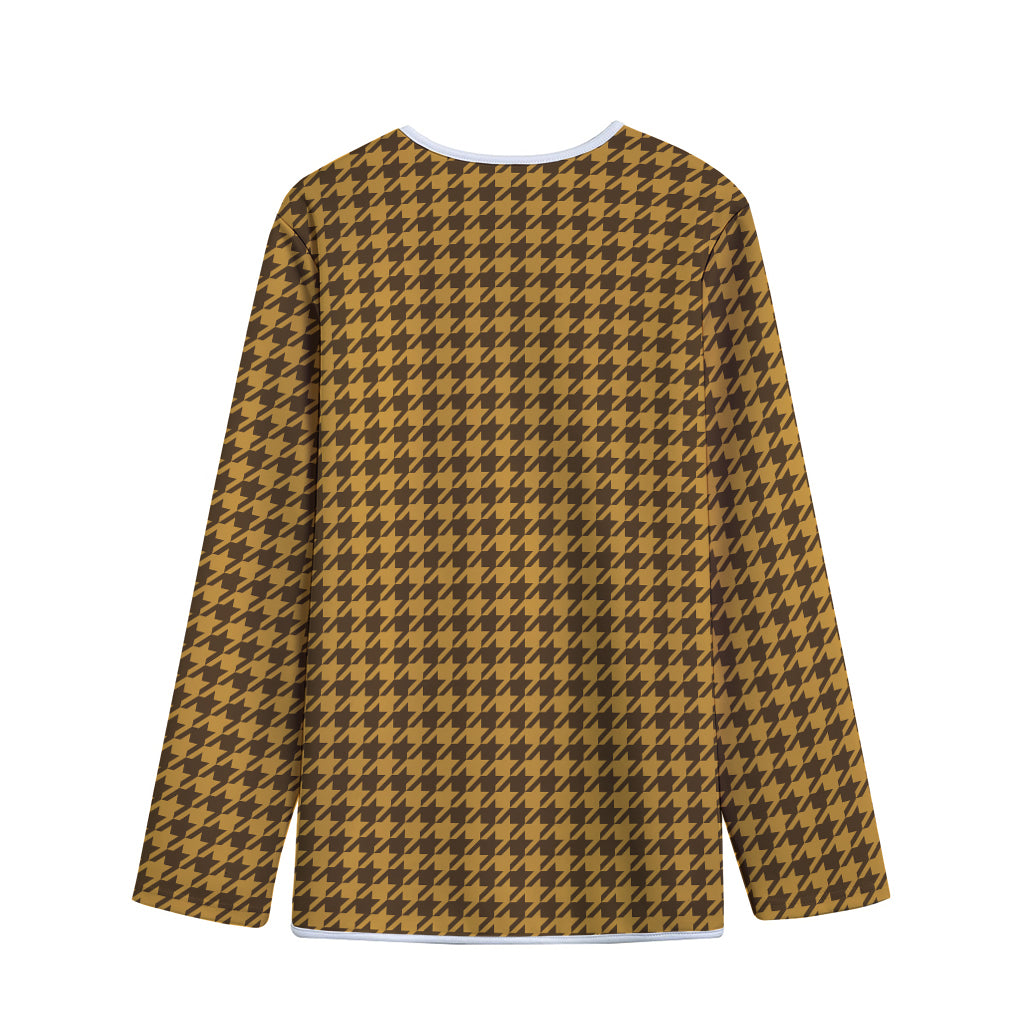 Brown Houndstooth Pattern Print Long Sleeve Short Coat