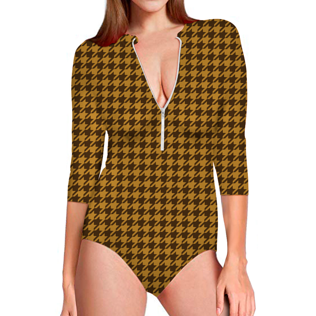 Brown Houndstooth Pattern Print Long Sleeve Swimsuit