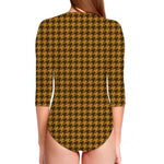 Brown Houndstooth Pattern Print Long Sleeve Swimsuit