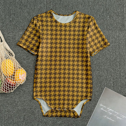 Brown Houndstooth Pattern Print Men's Bodysuit