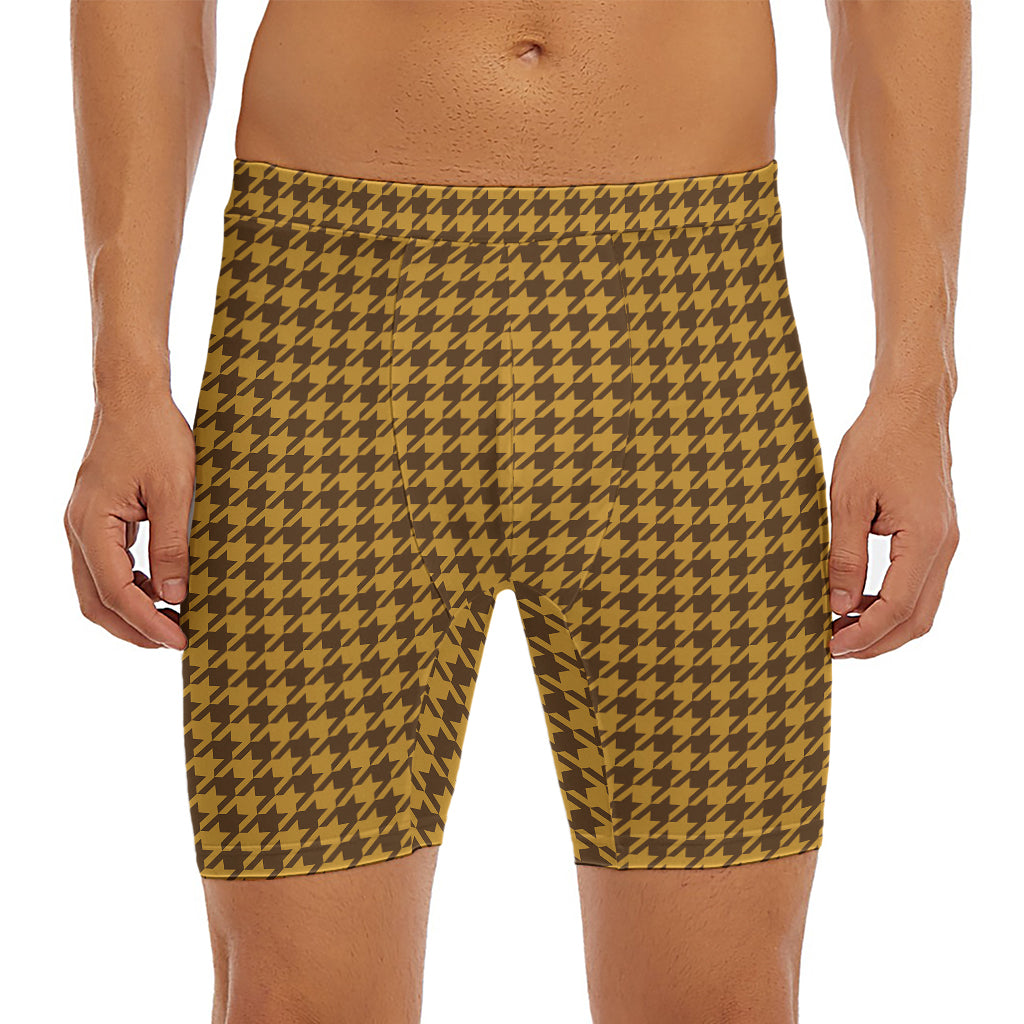 Brown Houndstooth Pattern Print Men's Long Boxer Briefs