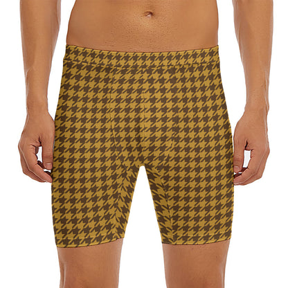 Brown Houndstooth Pattern Print Men's Long Boxer Briefs