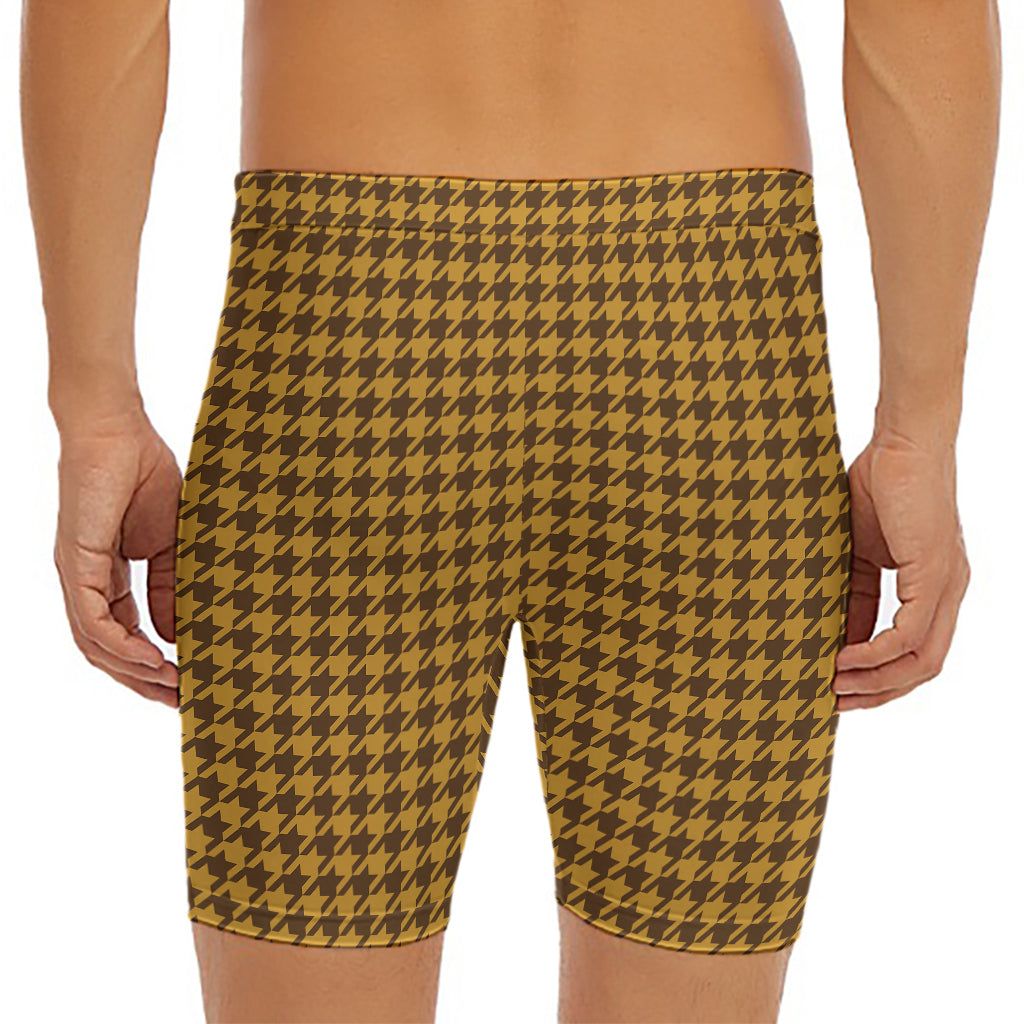Brown Houndstooth Pattern Print Men's Long Boxer Briefs