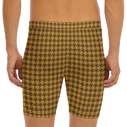 Brown Houndstooth Pattern Print Men's Long Boxer Briefs