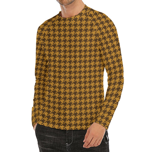 Brown Houndstooth Pattern Print Men's Long Sleeve Rash Guard