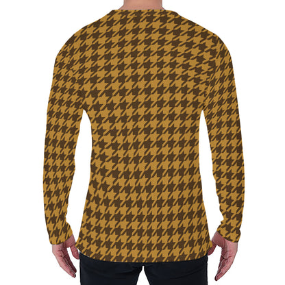 Brown Houndstooth Pattern Print Men's Long Sleeve T-Shirt