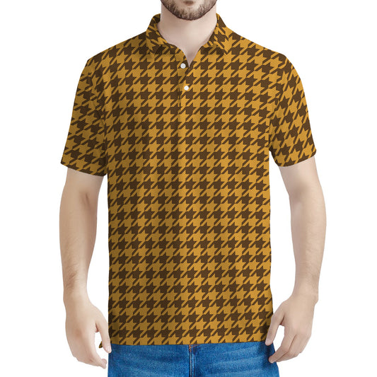 Brown Houndstooth Pattern Print Men's Polo Shirt