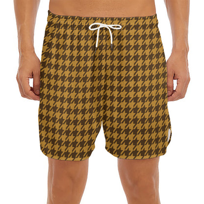 Brown Houndstooth Pattern Print Men's Split Running Shorts