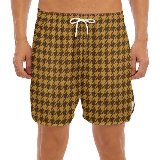 Brown Houndstooth Pattern Print Men's Split Running Shorts