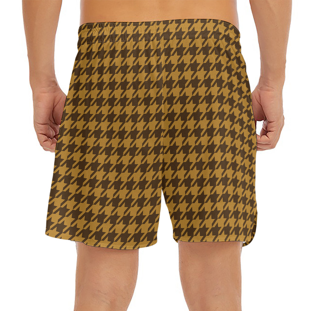 Brown Houndstooth Pattern Print Men's Split Running Shorts