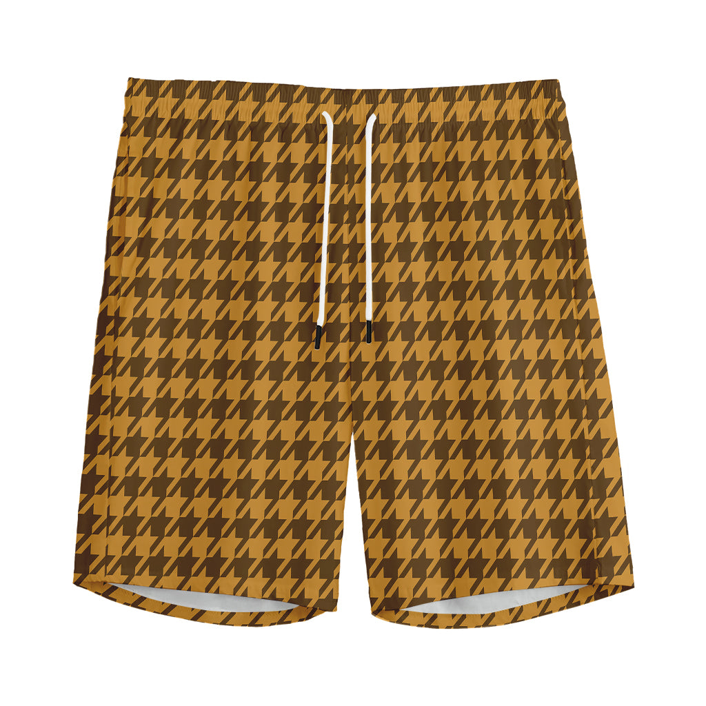 Brown Houndstooth Pattern Print Men's Sports Shorts