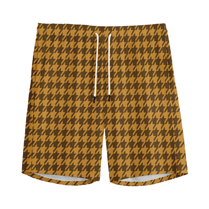 Brown Houndstooth Pattern Print Men's Sports Shorts