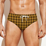Brown Houndstooth Pattern Print Men's Swim Briefs