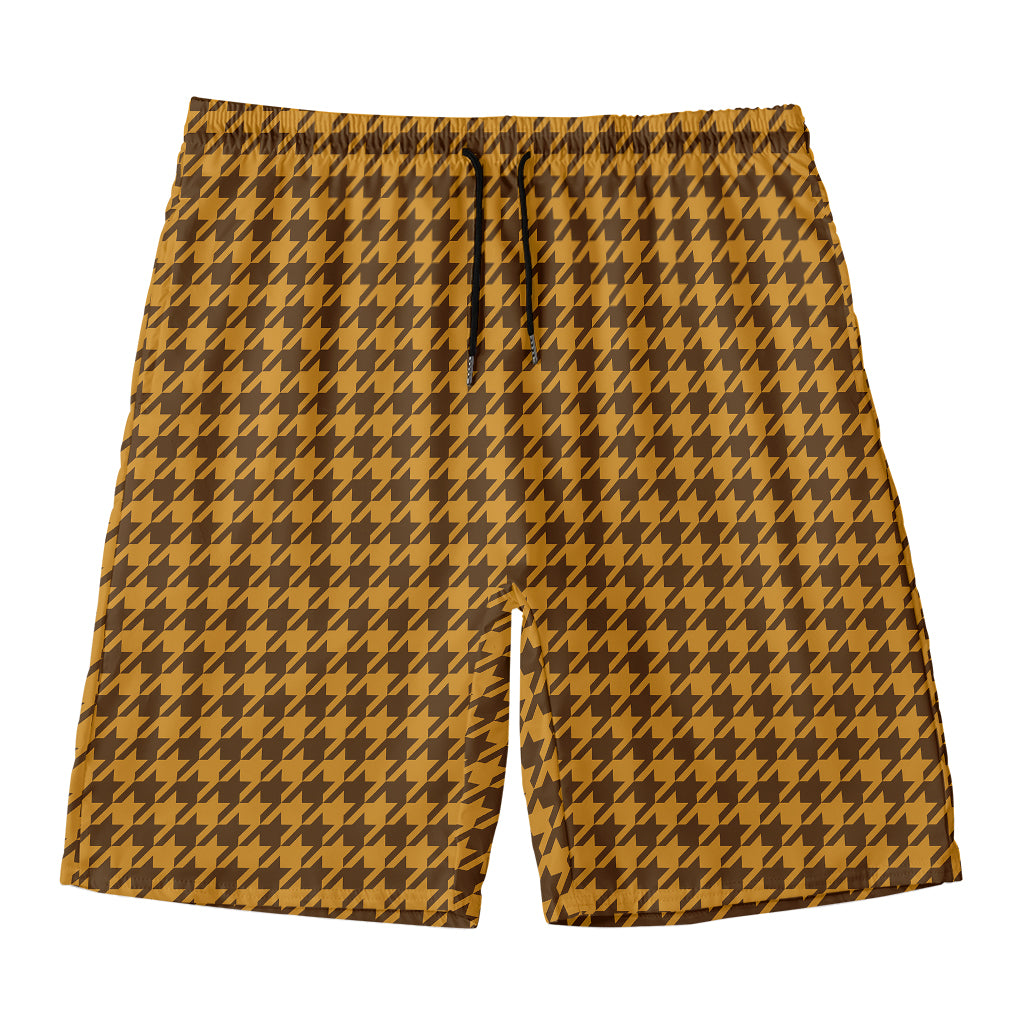 Brown Houndstooth Pattern Print Men's Swim Trunks