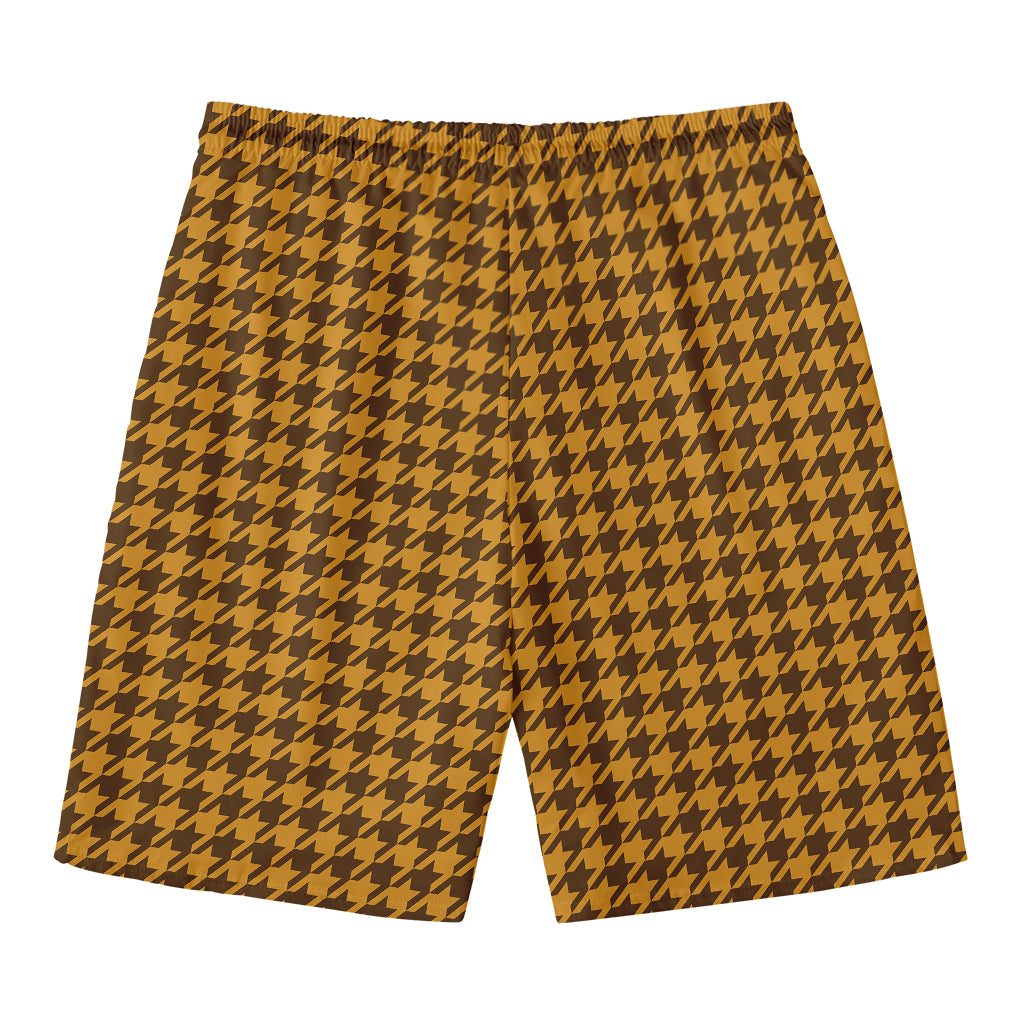 Brown Houndstooth Pattern Print Men's Swim Trunks