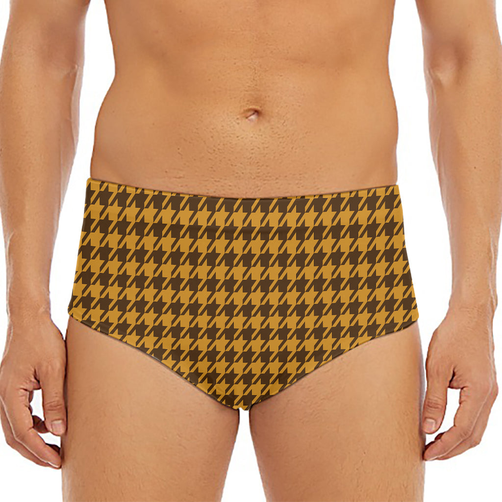 Brown Houndstooth Pattern Print Men's Triangle Swim Briefs