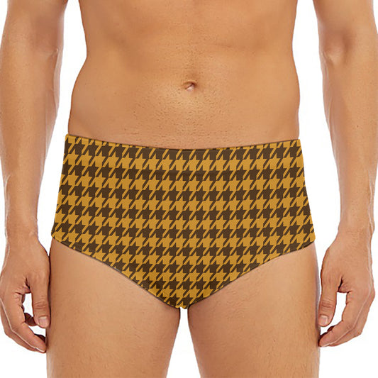 Brown Houndstooth Pattern Print Men's Triangle Swim Briefs