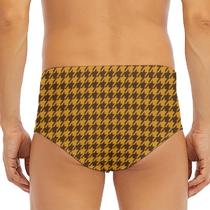 Brown Houndstooth Pattern Print Men's Triangle Swim Briefs