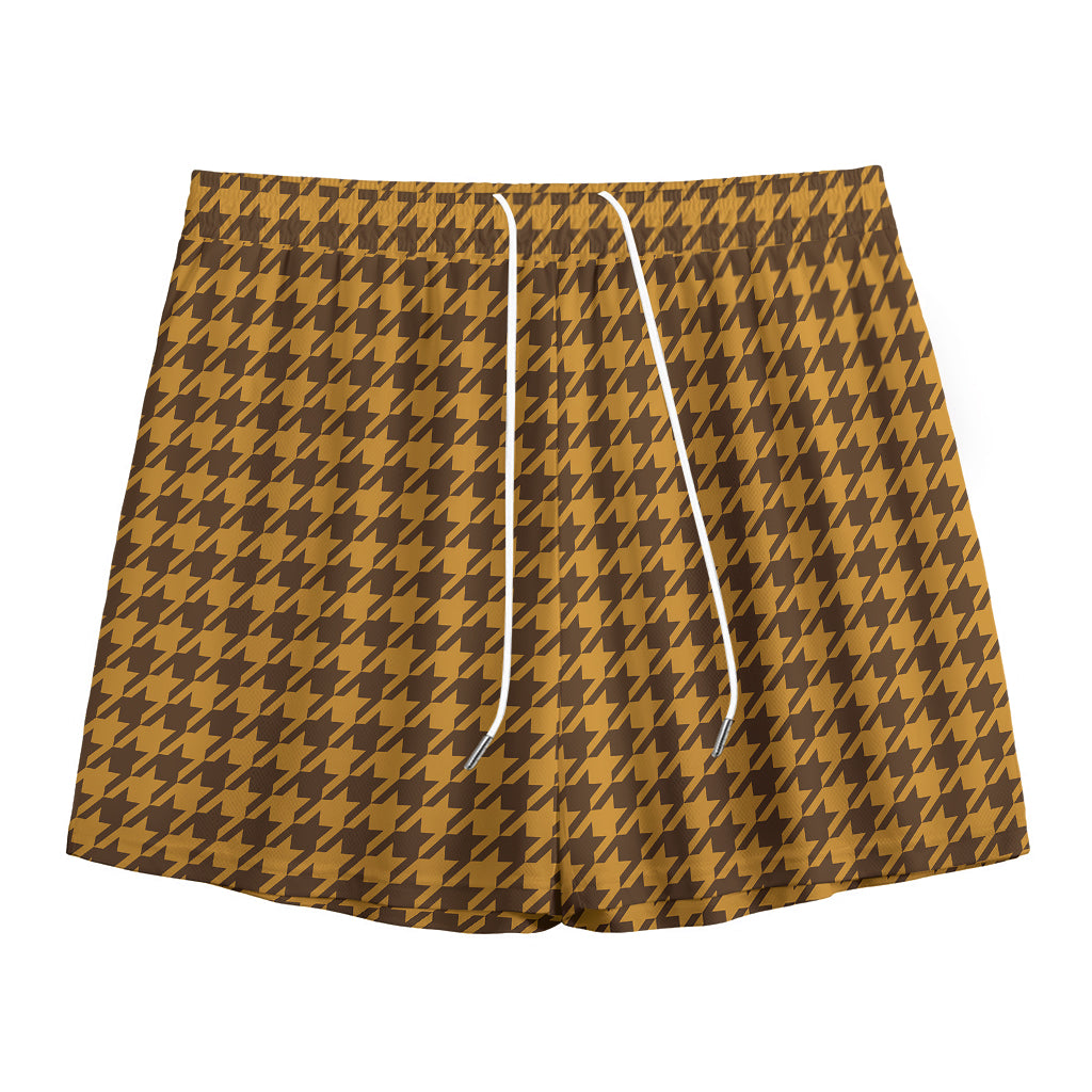 Brown Houndstooth Pattern Print Mesh Shorts