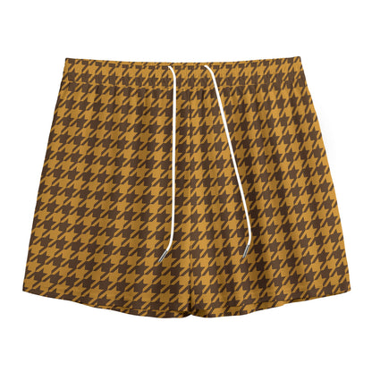 Brown Houndstooth Pattern Print Mesh Shorts