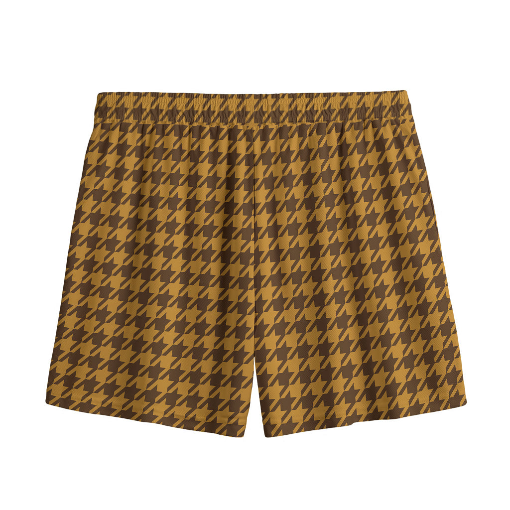 Brown Houndstooth Pattern Print Mesh Shorts