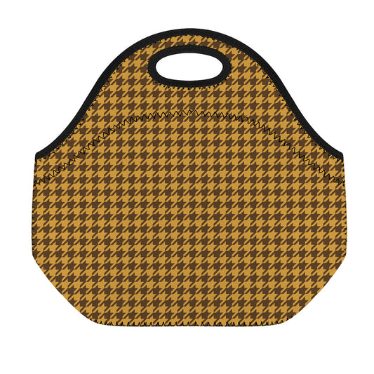 Brown Houndstooth Pattern Print Neoprene Lunch Bag