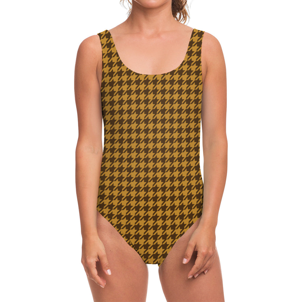 Brown Houndstooth Pattern Print One Piece Swimsuit