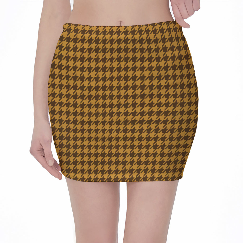 Brown Houndstooth Pattern Print Pencil Mini Skirt