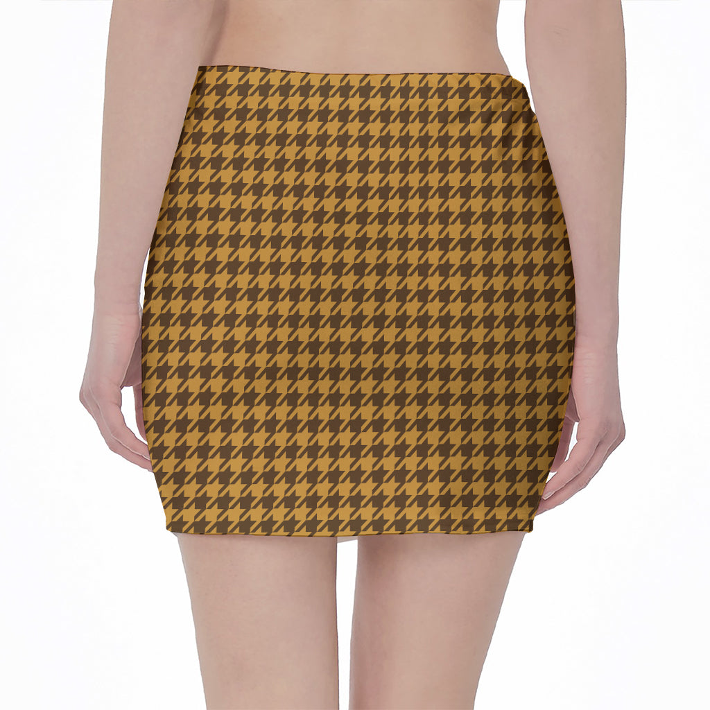 Brown Houndstooth Pattern Print Pencil Mini Skirt