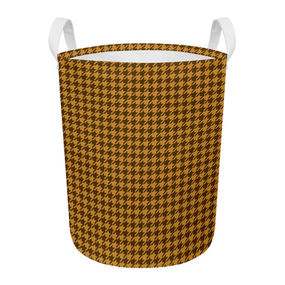 Brown Houndstooth Pattern Print Round Laundry Basket