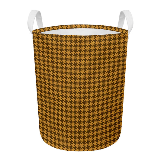 Brown Houndstooth Pattern Print Round Laundry Basket