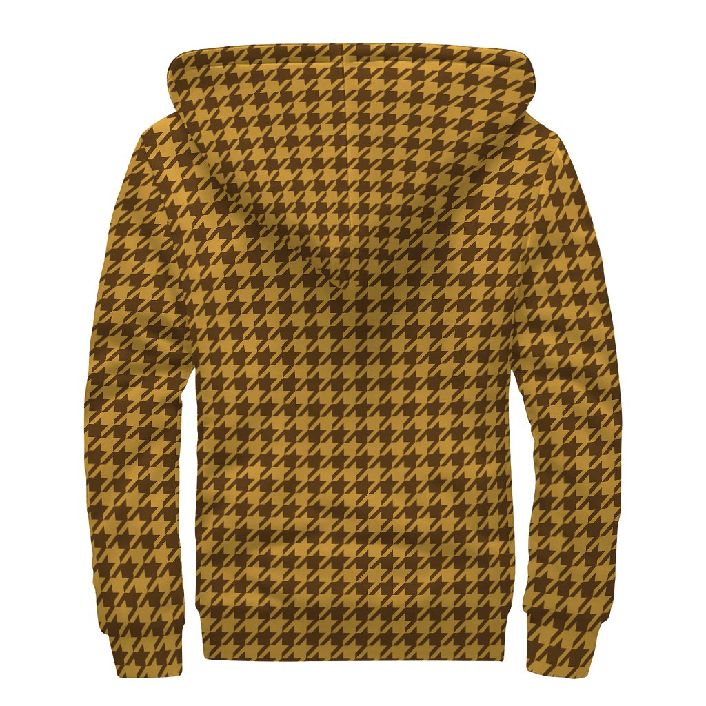 Brown Houndstooth Pattern Print Sherpa Lined Zip Up Hoodie